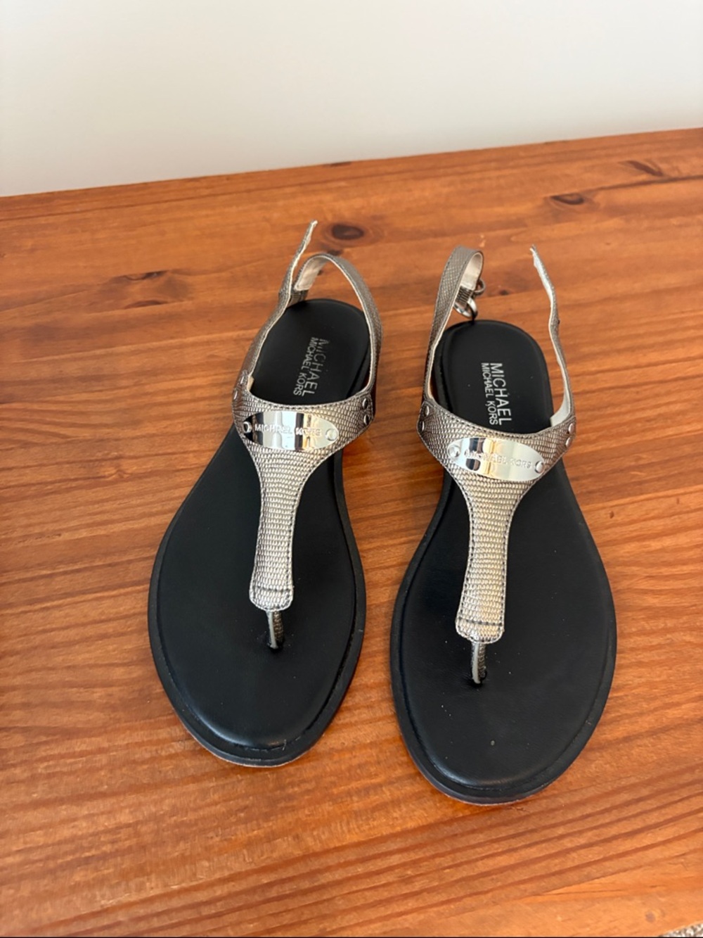 Michael Kors Silver and Black T-Strap Slingback Sandals